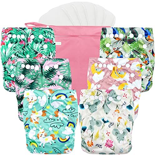 Image of wegreeco Cloth Diapers 6 Pack with 6 Inserts & 1 Wet Bag, Washable Cloth Diapers for Babies, One Size Adjustable Reusable Diapers Baby (Rainbow, Horse)