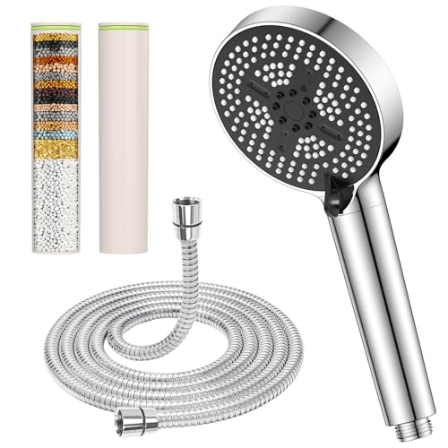 YEAUPE PRO Juego de alcachofa de ducha de 6 funciones, 110 mm, ducha de mano cromada con manguera de acero inoxidable de 1,6 m y 2 filtros reemplazables, spray de ahorro de agua de alta presión