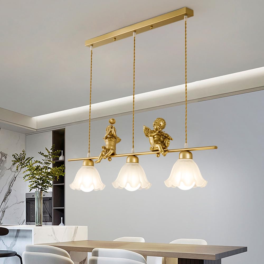 Lampada a Sospensione lineare a 3 luci per Isola Cucina, Angelo Dorato, Stile Moderno di metà secolo, Vetro opalino, Lampada Industriale a Sospensione, lampadario a Fiori per tavol