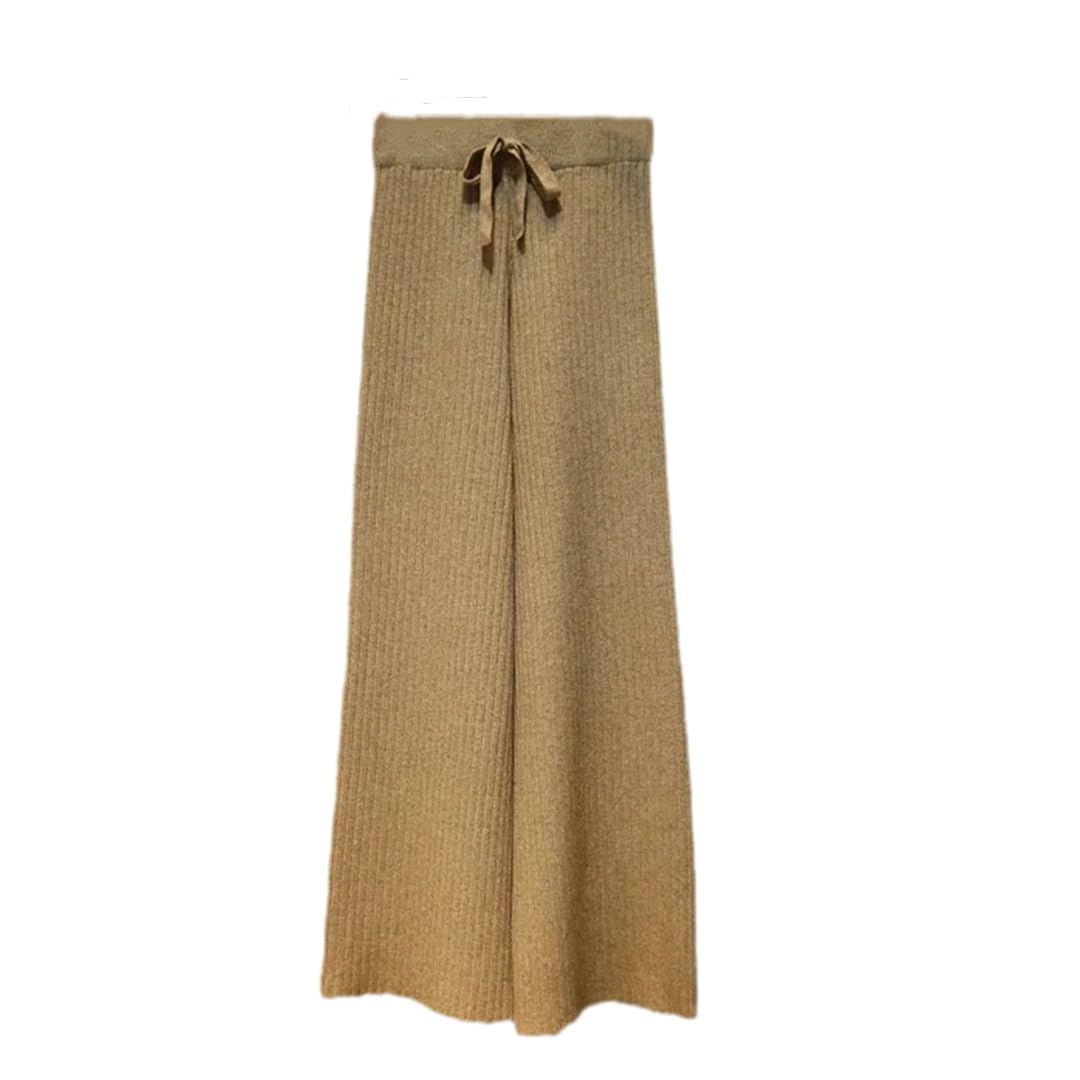 Yeuyyben Autumn Winter Thick Knitted Wide Leg Pants Women Solid Ankle-Length Loose Pants Elastic Waist Lace Up Sweatpants