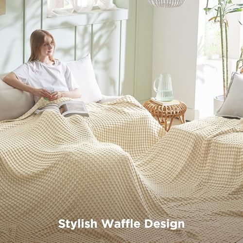 Image of Bedsure Cooling Cotton Waffle Oversized King Blanket - Lightweight Breathable Blanket of Rayon Derived from Bamboo for Hot Sleepers, Natural, 120x96 Inches