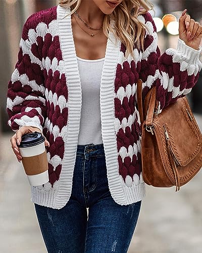 KIRUNDO Women's 2026 Fall Open Front Knitted Cardigan Cable Knit Striped Color Block Lantern Sleeve Casual Short Cardigan Sweater Winter Clothes(Wine Red, Small) — view 6