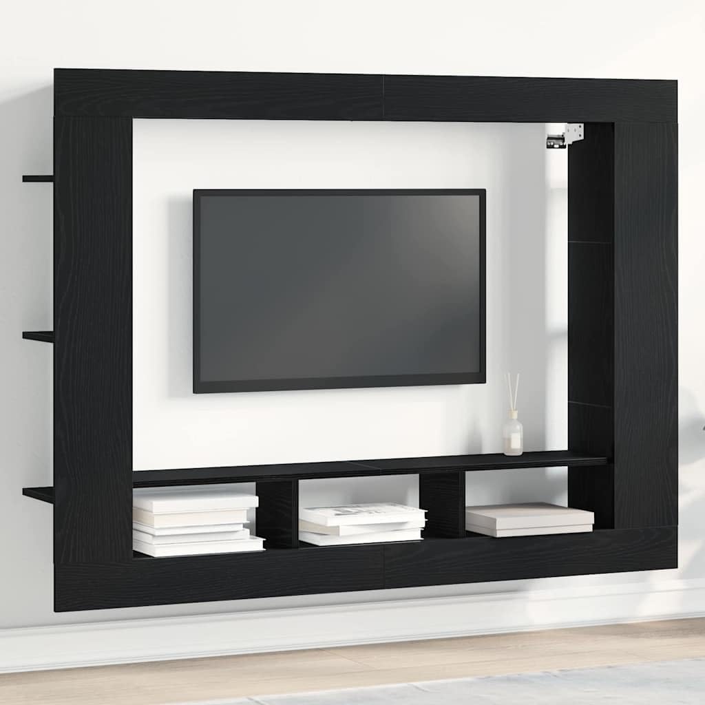 Mueble de TV montado en la pared con aspecto de roble negro, 152 x 22 x 113 cm, mueble bajo flotante, de madera, moderno mueble de TV colgante con estante para salón