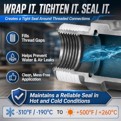 Image of 10 Pcs 3 /4 inch x 520 inch PTFE Thread Seal Tape 5.9 Mil Individual Pack | High Density Plumber Tape for Pipe Fittings, Threaded Connection, Water Line, Bathroom Repair, Waterproof Pipe Thread Sealant