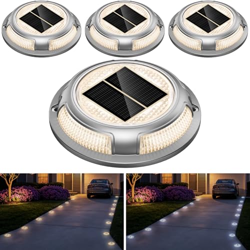 Solar Driveway Lights, 4 Pack Heavy Duty Driveway Lights Solar Powered 2 Color Mode (Cool/Warm...