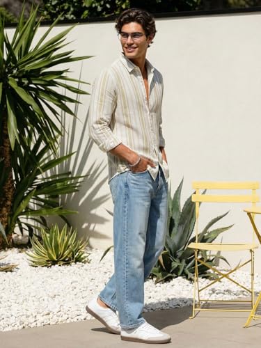 Image of Urbano Fashion Men's Cotton Full Sleeve Relaxed Fit Linen Striped Shirt with Spread Collar