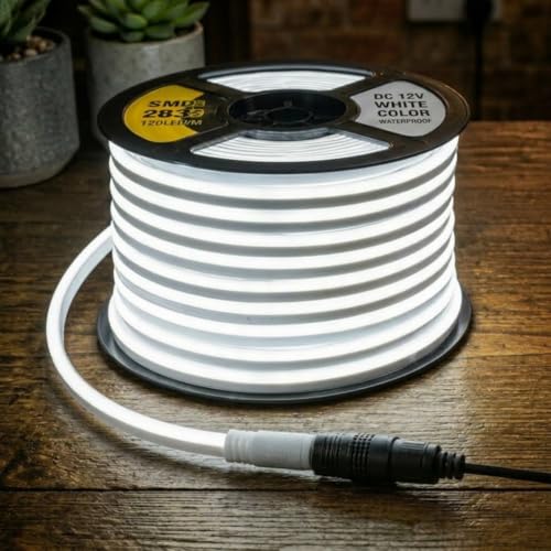 Image of White Neon LED Strip Light 5 Meter with Adapter | Flexible IP65 Waterproof Silicone Rope Light for Indoor and Outdoor Bedroom, Ceiling, Gaming Room, Party & Decoration