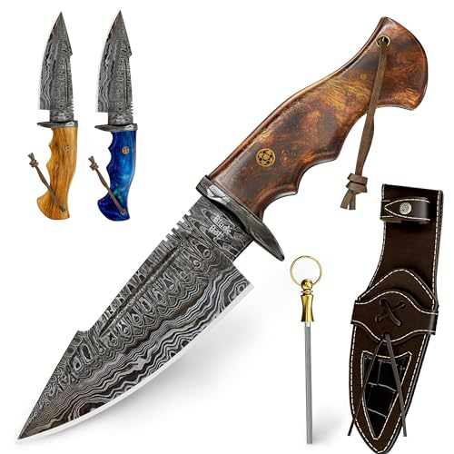 10″ Handmade Damascus Hunting Knife with Sheath – Fixed Blade Hunting Knives for Men – Walnut Wood Handle Fixed Blade EDC Knife With Leather Sheath – Bushcraft Knives, Camping Knife Survival