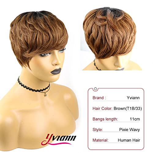 Yviann Short Human Hair Wigs For Black Women Pixie Cut Cute Bangs Wig Ombre Brown Color Brazilian Short Blonde Layered Wavy Wigs 1B/33 Color #TOP1