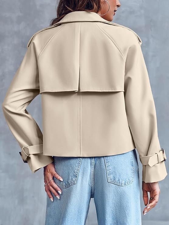 utcoco Women's Cropped Trench Coat Double-Breasted Short Trench Jacket Notch Long Sleeve Fall Outfit4