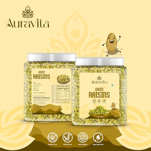 Image of Auravita Healthy Green Raisins 1kg | 100% Natural Dried Grapes (Kishmish) | Nutritious, Delicious & Healthy Snack | Source of Fibre in Nuts | No Preservatives in Dry Fruit