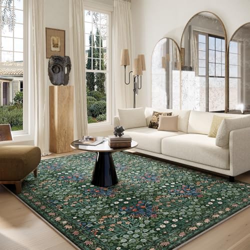 Image of Washable Dark Green 6x9 Oriental Style Area Rug for Dining Room Under Table & Living Room, Low Pile Non-Slip Stain Resistant Carpet for Bedroom