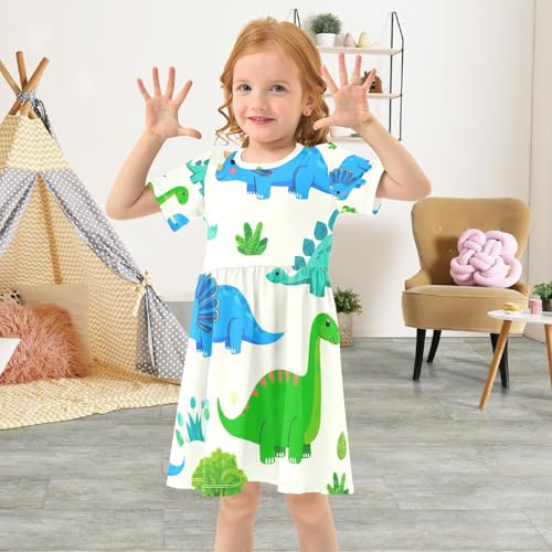 Girls Summer Cartoon Dinosaur Dress Toddler Cute Short Sleeve Sundress UPF50 Plus Playwear Outfits 2T-8T4
