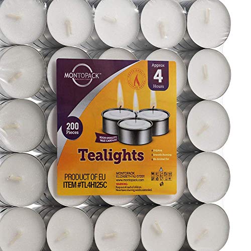 Image of MontoPack Unscented Tea Lights Candles in Bulk | 200 White, Smokeless, Dripless & Long Lasting Paraffin Tea Candles | Small Votive Mini Tealight Candles for Home, Pool, Shabbat, Weddings & Emergencies