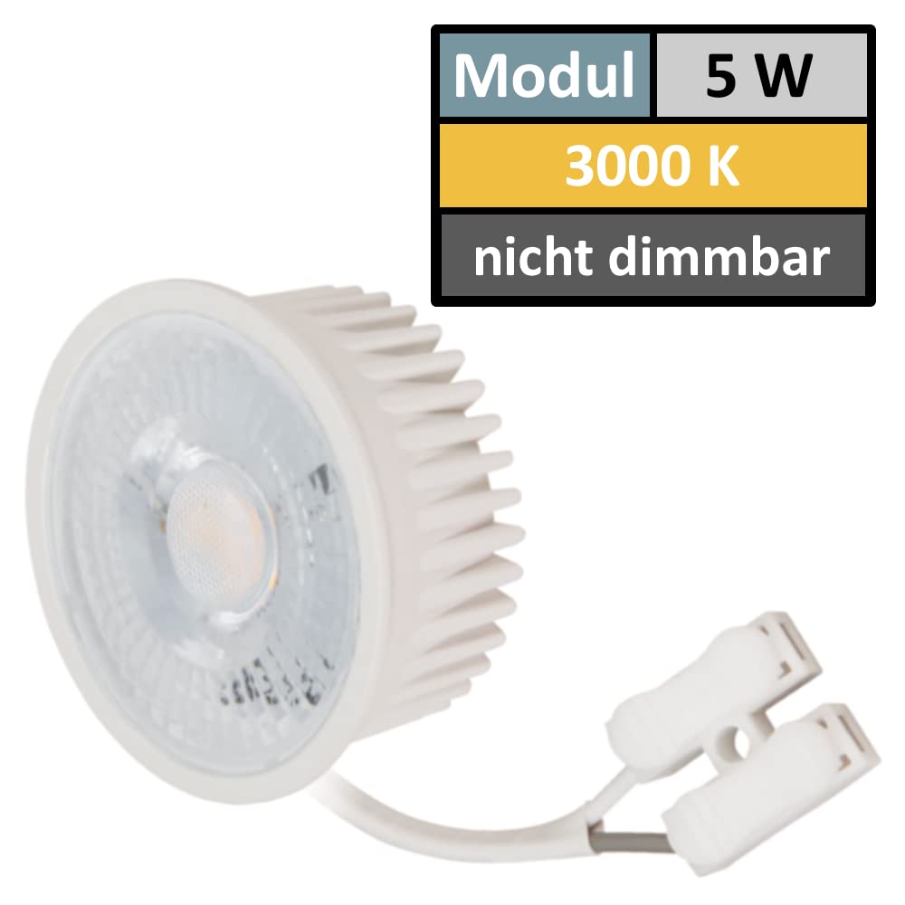 5er Set flacher MCOB LED Modul Einbauleuchte in Weiß. Warmweiß (3000K), 5W, 230V. Starr, Klemmring. Ideal fürs Wohnzimmer, Küche, Flur und Schlafzimmer. Dank wenig Einbautiefe vielseitig einsetzbar.