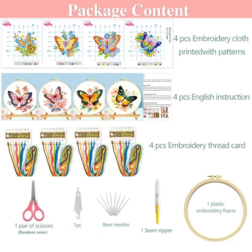 Image of Zhenqing 4 Butterflies Cross Stitch Kit for Beginners, 11CT Printed 20x20cm with Hoop, Floral Butterfly Embroidery Set(68093)