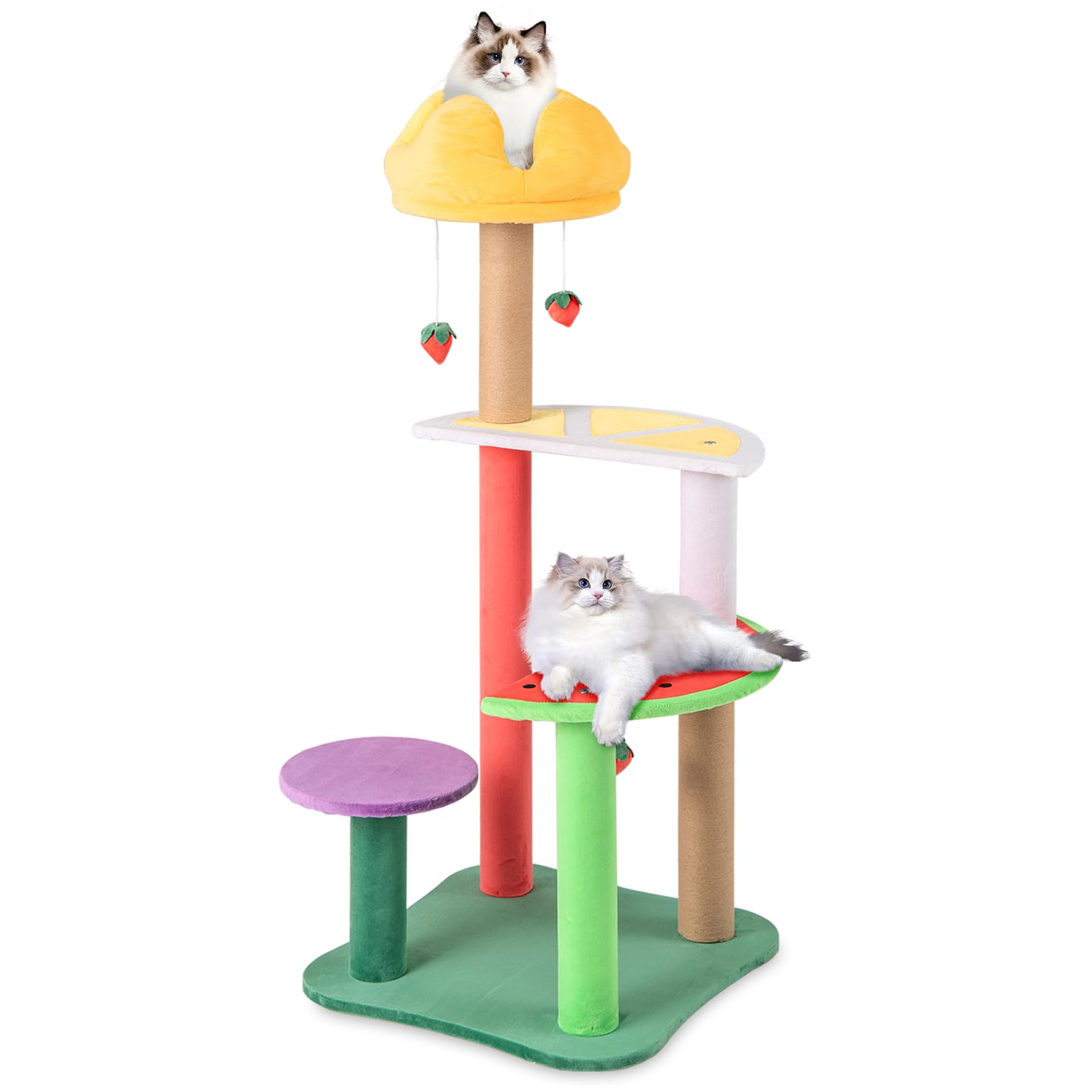 Tangkula Fruit Cat Tree, Multi-Level Cute Cat Tower with Scratching Posts, Padded Top Perch, Strawberry Dangling Balls, Watermelon & Lemon Shaped