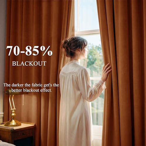 Image of Burnt Orange Velvet Curtains Back Tab Boho Drapes, W52xL96, 2 Pcs | Thermal Insulated, Window Back Tab Pinch Pleat Boho Vintage Drapes for Bedroom, Elegant Privacy, Home Decor for Sliding Door