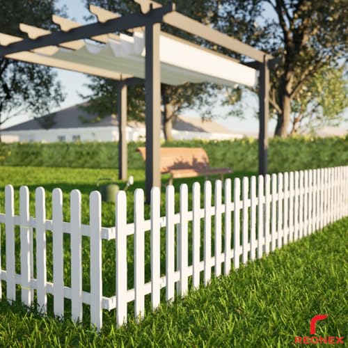 Image of Garden Picket Fence 60cm (2ft) Tall - White - 4 Panels Solid WPC Waterproof - 142cm (4ft 8in) Running Length - with Pipe Posts for Soil Support - Trio Model - Indoor & Outdoor Border Partition