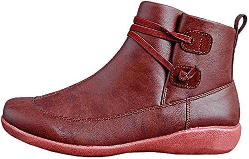 Ru Sweet Women's Arch Support Fashion Lace up Side Zip Vintage Booties Flat Heel4