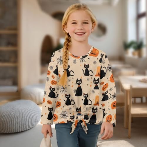 Girls Top Tees with Front Knot,Crew Neck Soft Kids T-Shirt,Casual Loose Girls Long Sleeve Shirts for School4