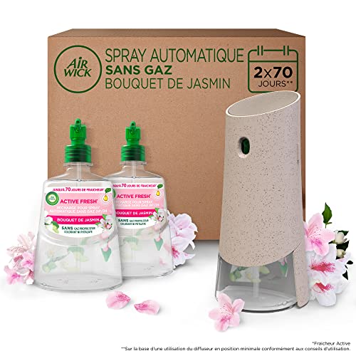 Airwick Desodorisant Maison Spray Automatique Sans Gaz Active Fresh - 1 Diffuseur + 2 Recharges Parfum Bouquet de Jasmin
