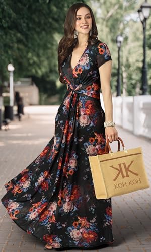 Image of KOH KOH Womens Long Flowy Cap Sleeve Empire Waist Cocktail Maxi Dress Gown