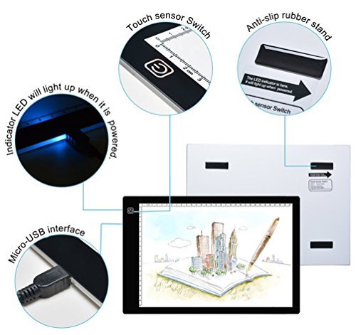 Ultra-Thin Portable LED Light Box Tracer USB Power Cable Dimmable Brightness Artcraft Tracing Light Pad Light Box for Diamond Paint Artists Drawing Sketching Designing Stencilling (A4)
