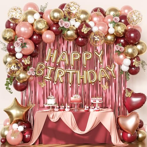Burgundy Birthday Decorations for Women Maroon Metallic Rose Gold White Gold Foil Confetti Balloons Happy birthday Banner Gold Butterfly Fringe Curtains Birthday Decorations for Women Girls