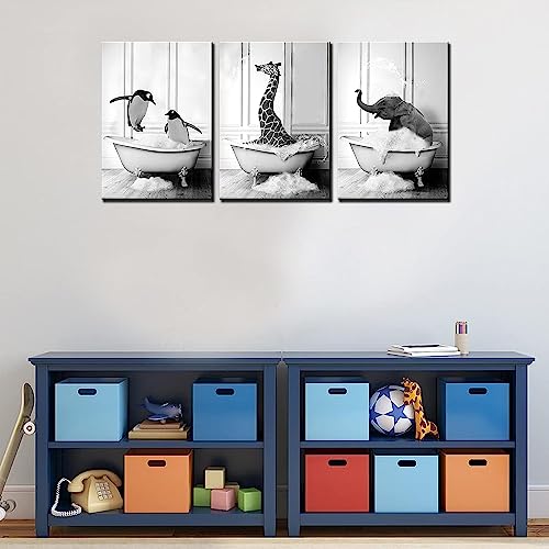 Contemporary Wall Art Black And White 3 Pieces Wall Art Decor Animal Pictures Two Penguin Play In The Water Canvas Modern Artwork Giraffe Elephant Take A Bath Home Decor For Living Room-42''X20'' #TOP2