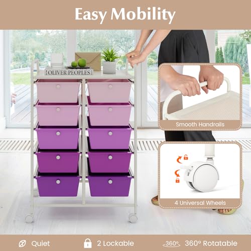Image of LDAILY 10 Drawer Rolling Cart, Storage Cart Organizer on Wheels, Drawer Cart with Metal Frame & Large Storage Capacity, Rolling Cart with Drawers for Living Room Classroom, Office