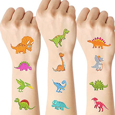 AOOWU Temporary Tattoo for Kids, 10 Sheets Shiny Dinosaur Temporary Tattoos Stickers, Waterproof Removable Fake Tattoo Stickers Set for Children Birthday Gift Party Bag Filler Cover