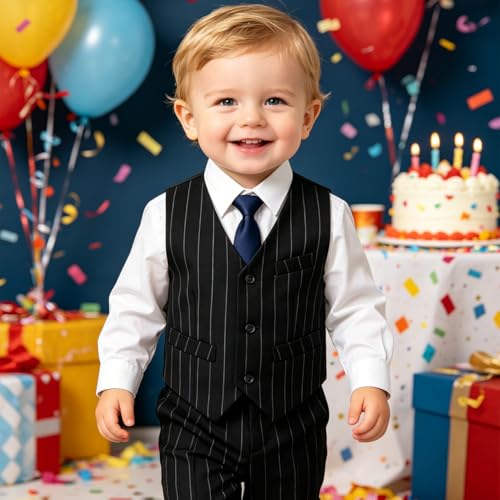 Image of Baby Boy Formal Suit for Toddler Infant Tuxedo Dress Suits | Little Gentleman, Wedding Ring Bearer Outfit, Vest Pants Long-Sleeve Shirt Tie, Birthday Party Christmas Prom, Classic