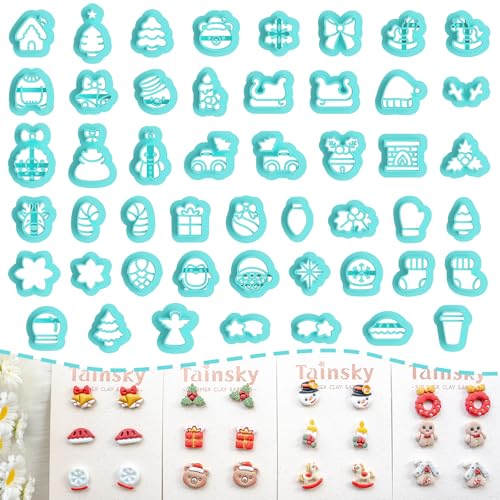 Tainsky 49 Shapes Christmas Studs Clay Earrings Cutters Christmas Tree Polymer Clay Cutters for Polymer Clay Jewelry