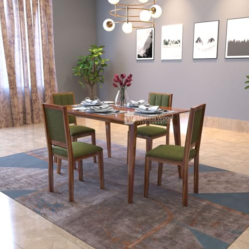 Image of DRIFTINGWOOD Tiya Dining Table 4 Seater | Four Seater Dinning Table with 4 Chairs in Green Cushions for Home | Rosewood, Honey Finish, Self Assembly(DIY)