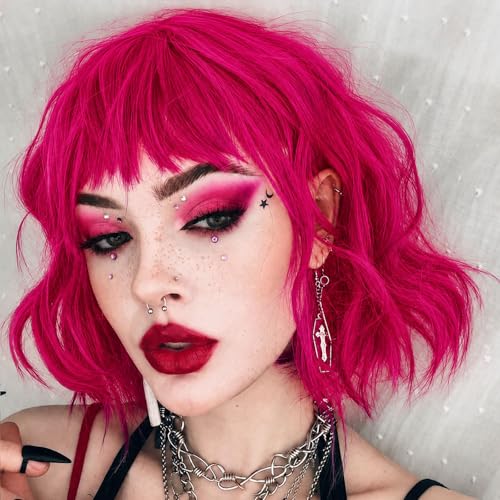 Image of Rose bud Wavy Bob Wig with Bangs Natural Hot Pink Wig Synthetic Hair Shoulder Length Short Curly Wigs for Women