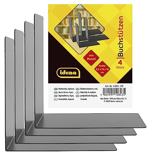 Idena 10843 - Fermalibri in metallo, nero, 4 supporti per libri, 14 x 14 x 8,5 cm, porta libri per librerie
