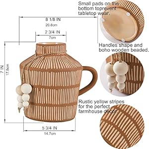 Rustic Farmhouse Vase with Handle and Boho Wooden Beads, Vertical Stripes Terracotta Vase Clay Vase - Ceramic Flower Vase for Vintage Home Décor, Shelf, Table, Bookshelf, Mantle, Entryway Rustic Farmhouse Vase with Handle and Boho Wooden Beads Vertical Stripes Terracotta Vase Clay Vase Ceramic Flower Vase for Vintage Home Decor Shelf Table Bookshelf Mantle Entryway