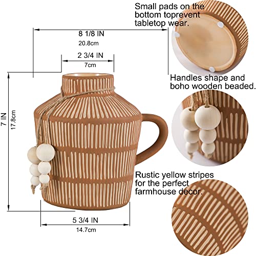 Rustic-Farmhouse-Vase-with-Handle-and-Boho-Wooden-Beads-Vertical-Stripes-Terracotta-Vase-Clay-Vase-Ceramic-Flower-Vase-for-Vintage-Home-Decor-Shelf-Table-Bookshelf-Mantle-Entryway Rustic Farmhouse Vase with Handle and Boho Wooden Beads Vertical Stripes Terracotta Vase Clay Vase Ceramic Flower Vase for Vintage Home Decor Shelf Table Bookshelf Mantle Entryway