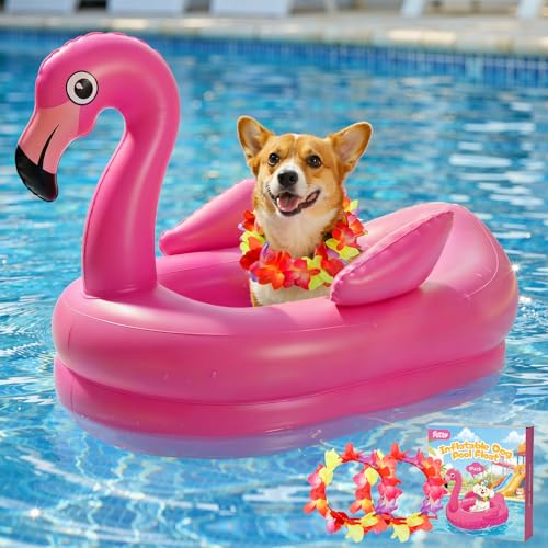 Tivray Dog Pool Float, Inflatable Dog Raft, Flamingo Pool Floats for Puppy and Doggies, Flamingo Inflatable Raft with 2 Wreaths for Summer Swimming Beach Lake River Water Party Toys, Magenta