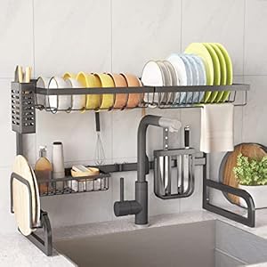 COVAODQ Adjustable Over Sink Dish Drainer Rack Drainer Sink Top Drainer Rack Kitchen Utensil Holder Dish Drainer Stainless Steel (65-82CM)