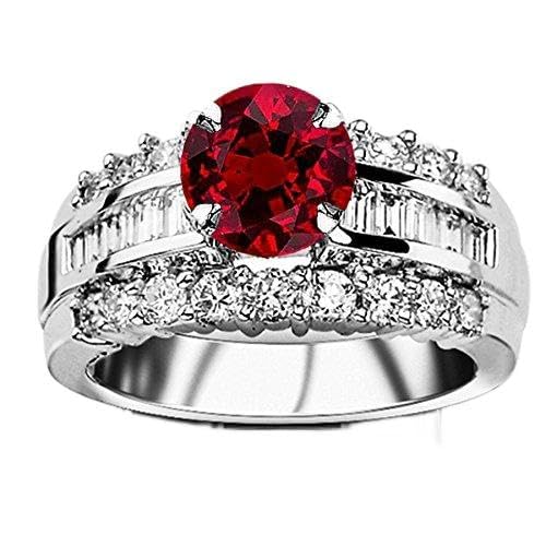 1.6 Carat t.w 14K White Gold Channel Set Baguette and Round Diamond Engagement Ring w/a 0.75 Carat Round Cut Red Ruby Heirloom Quality
