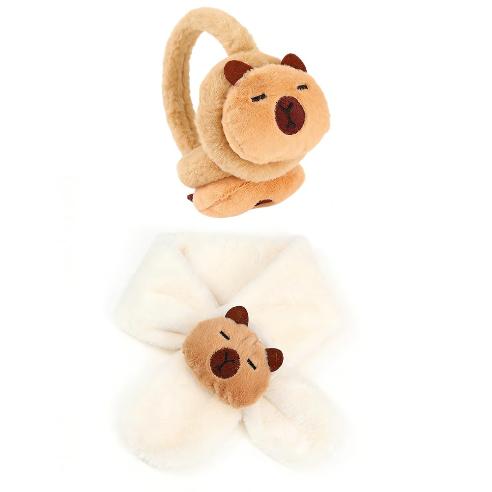 Orejeras de Invierno para Niños, Bufanda infantil Peluche Capybara, Diseño de Estilo de Capybara,Para Actividades Aire Libre En Invierno Correr Esquiar Senderismo-2pcs