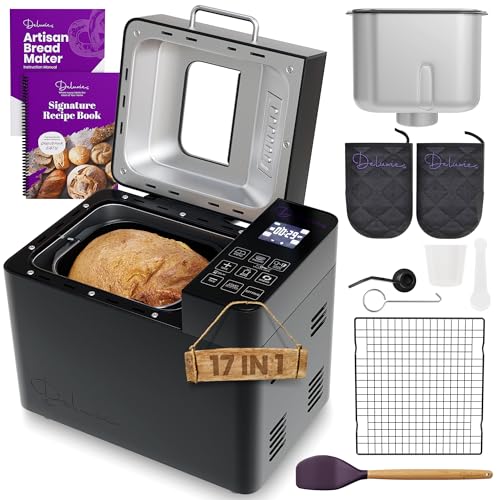 Comparison: Best Bread Machine For Sourdough 11 Deluxie 2LB Sourdough Bread Maker Machine for Home Bakery - 17 Program Gluten Free Bread Machine Maker with 15H Timer, 3 Loaf/Crust Sizes, Nut Dispenser - Aluminum Breadmaker Machines w/Recipe Book