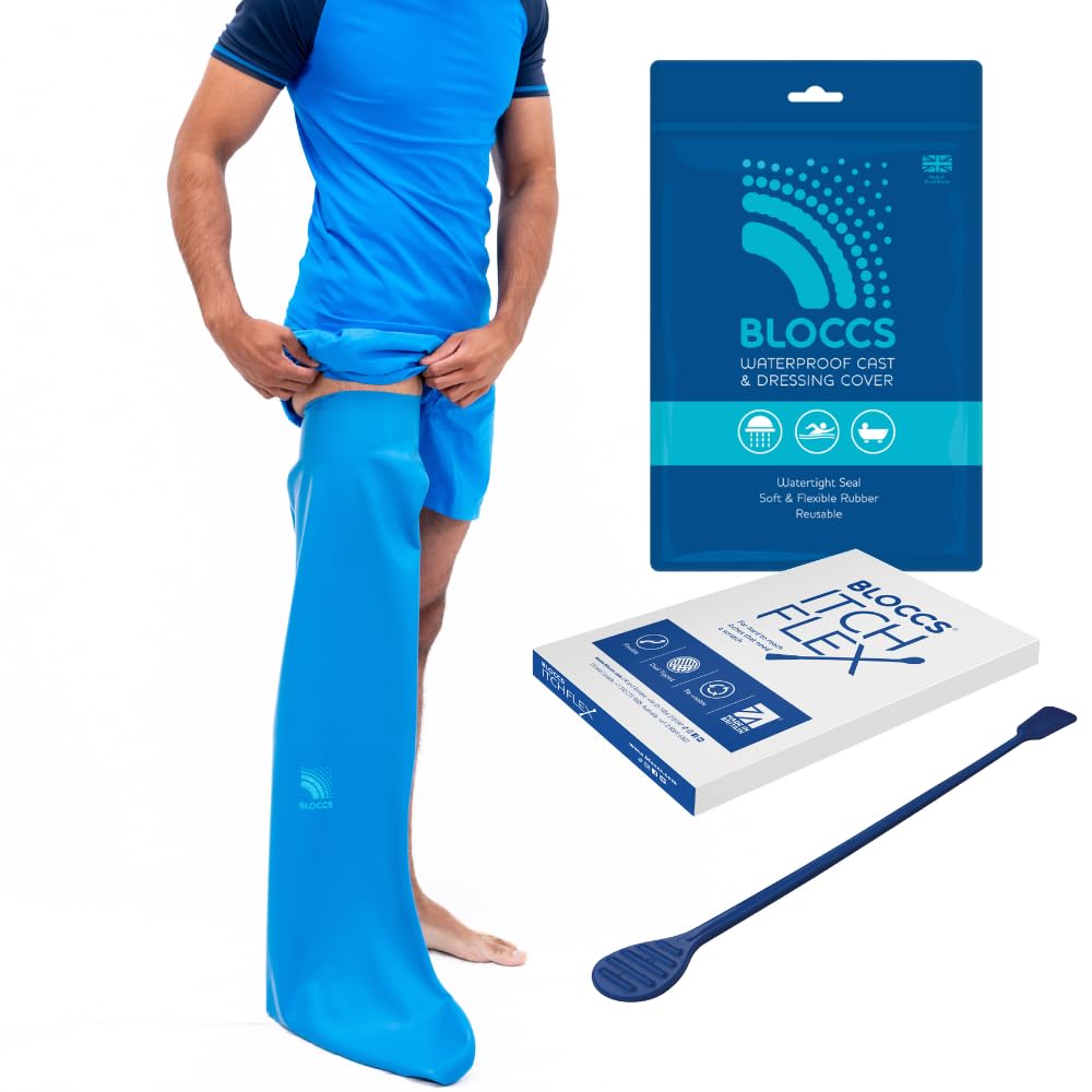 Bloccs Wasserdichtes Bein-Gips-Pflegeset für Erwachsene (S) + ItchFlex Gipskratzer – Schutz beim Schwimmen & Duschen