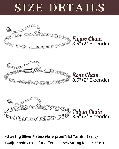 Sterling Silver Ankle Bracelets for Women Strong Lobster Clasp - Cuban Link, Figaro, Rope, Flat Mariner, Snake Herringbone, Satellite, Paperclip - Summer Beach Waterproof Silver Anklet2