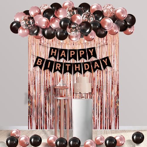 Décoration d'anniversaire or rose noir Décoration anniversaire,fête des mères,fiançailles femmes or rose,Ballons anniversaire Joyeux bannière ballon,pour...
