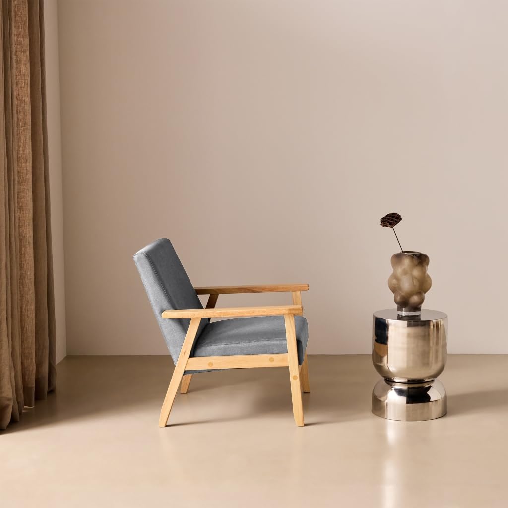 Poltrona scandinava in legno e tessuto, Isak, Grigio chiaro, 64x69.5x73 cm