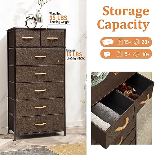 Image of Tall Dressers for Bedroom, 7 Drawers Dresser Fabric Storage Closets Storage Units Organizer Tower Steel Frame Wooden Top for Bedroom, Hallway,Nursery, Entryway(Dark Brown)