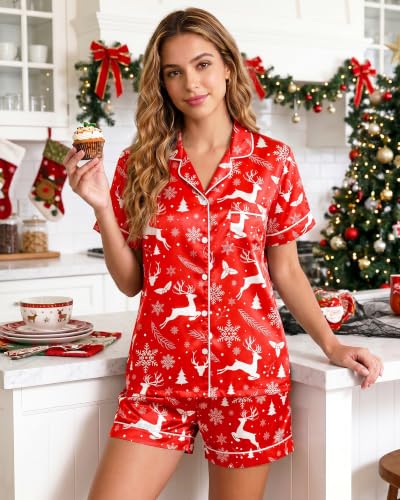 Image of Womens Silky Pajama Sets Short Sleeve Loungewear 2 Pcs Satin Soft Pj Sets Button Down Women's Summer Sleepwear